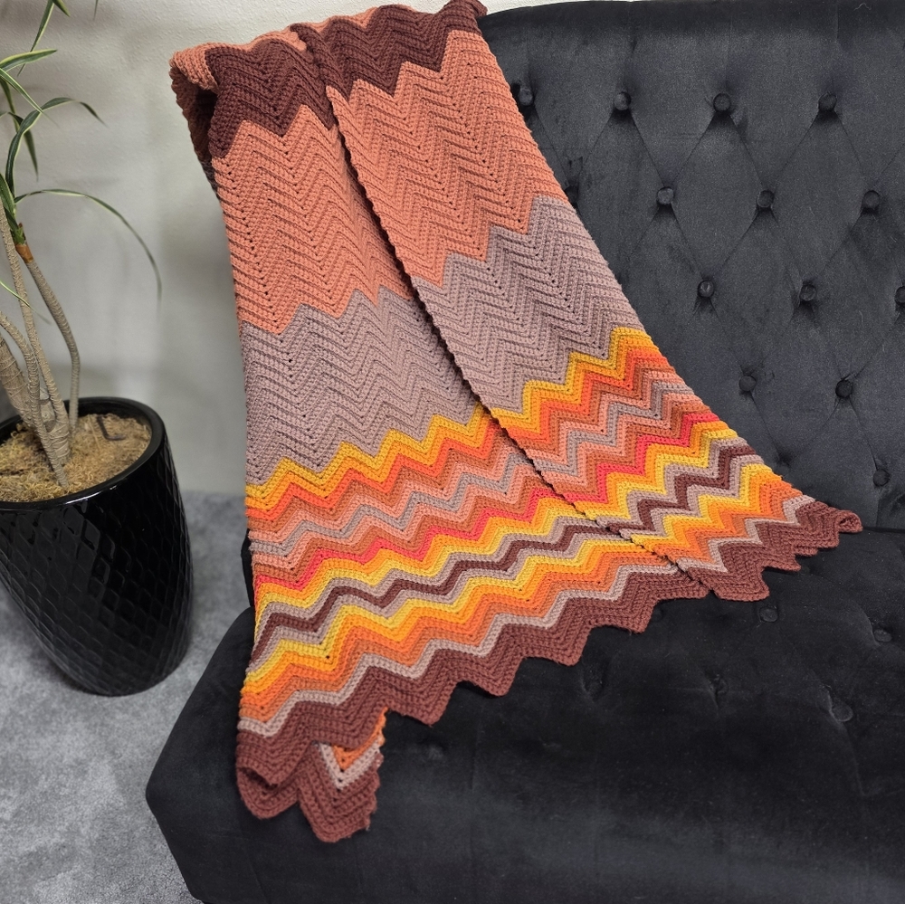 Hand Crafted Crochet Multicolor Chevron Pattern Throw Blanket